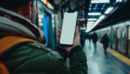 Close up of a man holding a phone with a white screen in the subway in the style of mockup Generative AI
