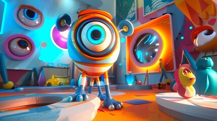 An animated 3D character, full of wonder and curiosity, with large expressive eyes, exploring an empty studio set with various colorful props and backdrops.