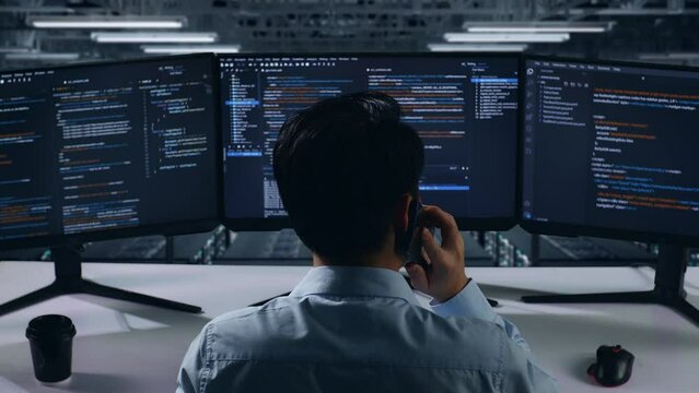 Back View Of Asian Man Developer Talking On Mobile Phone While Write Code With Multiple Computer Screens In Data Center