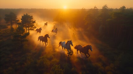 Herd of wild horses running gallop in dust at sunset time. A herd of horses running through a field...