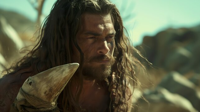 Representation of a portrait of Samson with long hair in an aura of unparalleled strength and power. Samson with intense eyes, determination and courage.