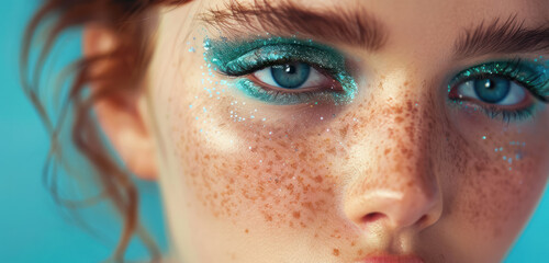 close up of young woman with blue glitter eye makeup and freckles - obrazy, fototapety, plakaty