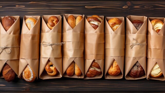 Assortment of fresh bread in paper bags on wooden background, top view