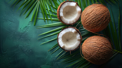 Fototapeta na wymiar fresh coconuts and palm leaves on a wet green textured background
