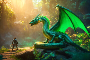 Big winged green dragon against the little human in greenery highlands - obrazy, fototapety, plakaty