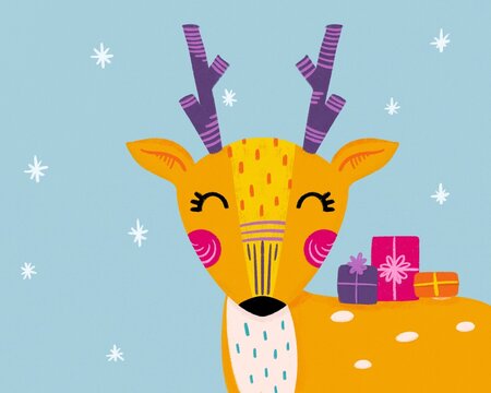 Pink reindeer with gifts. Christmas pink illustration