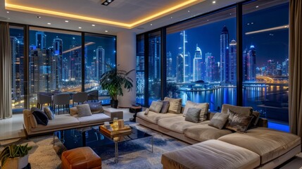 Beautiful view from a luxury apartment in Dubai at night in high resolution and high quality....