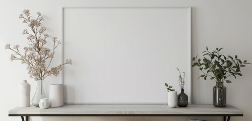 white vase with flowers and white frame mockup