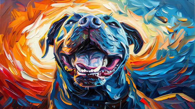 Horizontal oil painting of a Pitbull. Generative AI