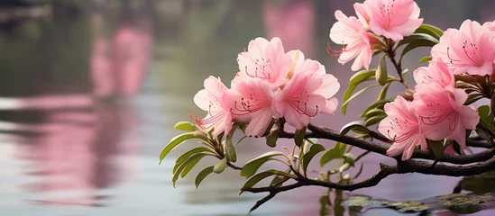 Foto op Canvas A branch covered in pink azalea flowers stands near the water, showcasing the blossoms in full bloom. The serene backdrop complements the vibrant colors of the flowers. © 2rogan