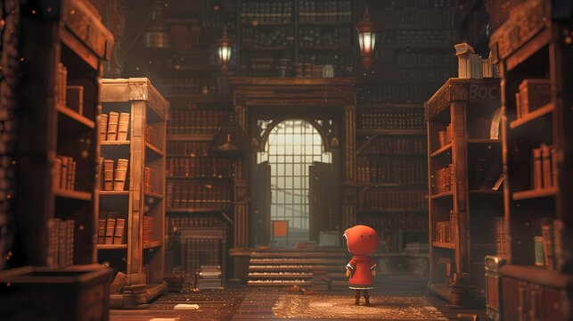 Amongst shelves of dusty relics, the adorable character discovers a hidden passage leading to unknown adventures.