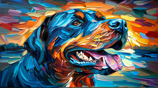 Horizontal oil painting of a Rottweiler. Generative AI