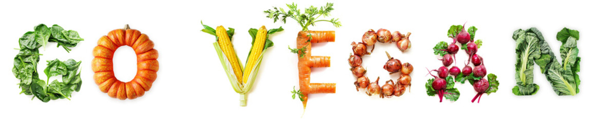 Vegetable Word Go Vegan (Made of Spinach, Pumpkin, Corn, Carrot, Onion, Beetroot, Cabbage ) Isolated on White Background