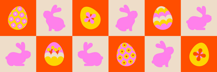 Set of Easter decorations, Easter holidays, Easter bunny and eggs. Easter postcard and template.
