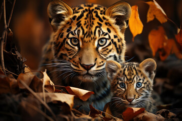 Mother and cub leopard amidst autumn foliage