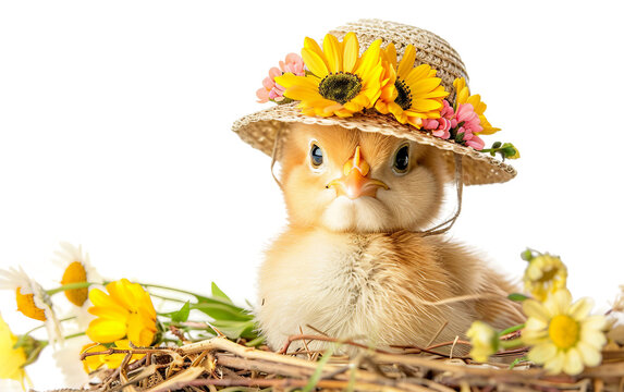 Adorable Easter Chick Wearing a Floral Bonnet Isolated on Transparent Background PNG.