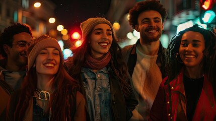 Fototapeta premium Diverse Smiling Friends Walking On Street At Night