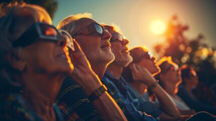 group of people with glasses watching an eclipse - obrazy, fototapety, plakaty