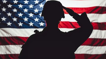Silhouette of proud saluting male army soldier on sunset American flag background with copy space, concept of Memorial Day, respect, patriot, protect, and Independent Day.