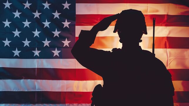 Silhouette of proud saluting male army soldier on sunset American flag background with copy space, concept of Memorial Day, respect, patriot, protect, and Independent Day.