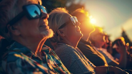 group of people gathered with glasses watching a solar eclipse in high resolution and high quality. solar eclipse concept, people - obrazy, fototapety, plakaty