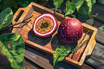 A Painting of a Passion Fruit on a Wooden Tray