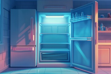 Blue Refrigerator With Open Door in Kitchen