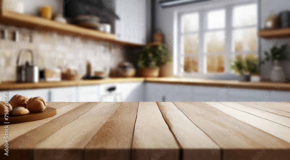 Poster Brown natural wood kitchen island table with copy space for product advertising on a light kitchen background, with white ceramic tiles and blurred at home
