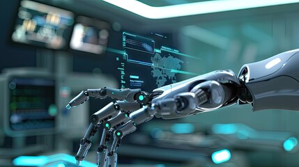 Obraz premium Future Robotic Arms Performing Automated Medical Health Care Operation For Future Precision Surgical Robot And Remote Control Hospital Equipment As Wide Banner Design With Information Hologram
