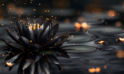 Black lotus flower on water with glowing sparks. Tranquility and mysticism concept. Design for meditation guide cover, spiritual wellness blog, lose-up shot with reflective water surface and glowing
