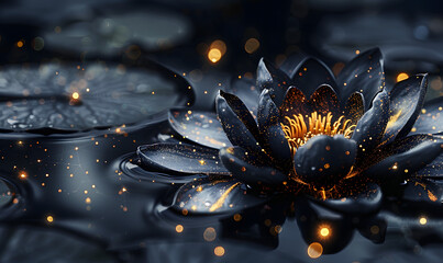 Black lotus flower on water with glowing sparks. Tranquility and mysticism concept. Design for meditation guide cover, spiritual wellness blog, lose-up shot with reflective water surface and glowing - obrazy, fototapety, plakaty