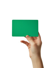 hand raising green blank card in front of white background