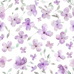 A seamless pattern alive with vibrant watercolor lilac flowers and leaves, offering a dynamic and colorful option for bold fabric and paper designs.