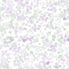 A seamless pattern featuring ethereal leaves in shades of pastel lilac and soft greens, creating a tranquil and delicate design ideal for spring themes.