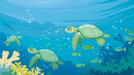 Illustration of sea turtles swimming in the calm blue waters of the ocean, surrounded by small fish and aquatic plants, highlighting the tranquility of underwater ecosystems.