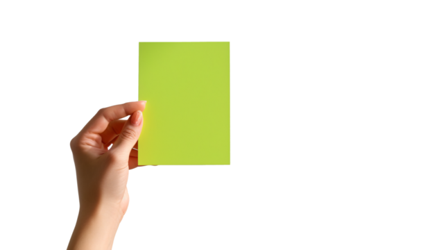 hand raising green blank card in front of white background