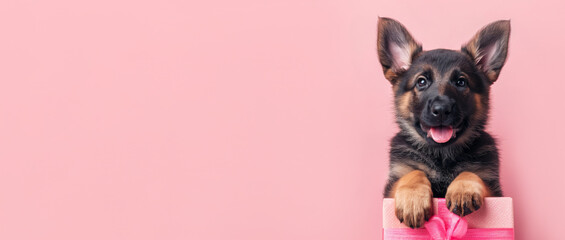 A playful German Shepherd puppy stands on its hind legs, front paws resting gently on a soft pink gift box, against pink background with copy space. The puppy’s eyes convey curiosity and excitement - obrazy, fototapety, plakaty