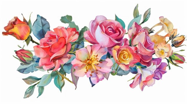 Watercolor illustration very peri flowers bouquet and leaves on white background. AI generated
