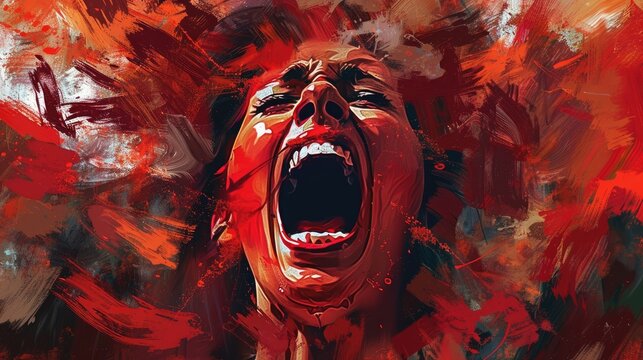 Illustration Of Angry Woman Screaming With Closed Eyes In Red Abstract Style Representing Concept Of Mental Health Problems