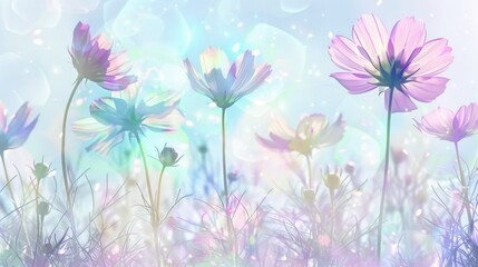 Fototapeta na wymiar Cosmic flowers bloom in a holographic field, their iridescent petals catching dreamy light particles.