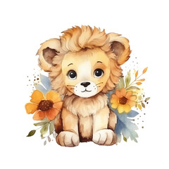 Watercolor Baby Lion with Florals