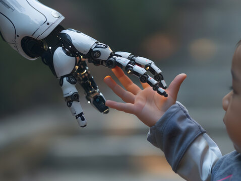 A robotic white hand is poised to make contact with a human child's hand against a soft background, depicting the bridge between humans and technology