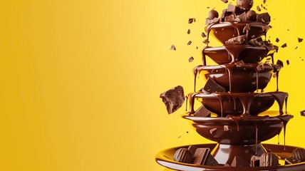 Luscious chocolate fountain with pieces mid-air on yellow backdrop