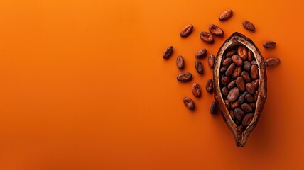 Cocoa beans spill from a cocoa pod against a warm orange backdrop - obrazy, fototapety, plakaty