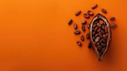 Fotobehang Cocoa beans spill from a cocoa pod against a warm orange backdrop © Татьяна Макарова
