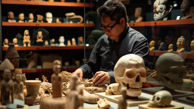 Focused archaeologist analyzing ancient sculptures and skulls in a museum's collection