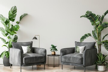 Modern living space with botanical accents and stylish armchairs. Comfortable home environment with exotic zebra-striped pillows and lush greenery. - obrazy, fototapety, plakaty