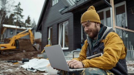 Construction worker in beanie using laptop on site with machinery behind. Smiling builder manages project plans online amidst renovation. Construction site supervisor checks work progress on computer.