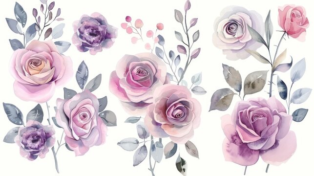 Watercolor set floral collection isolated on white background. AI generated image