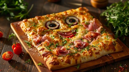 Creative square pizza with smiley face for kids party. Smiling pizza decorated with prosciutto and...